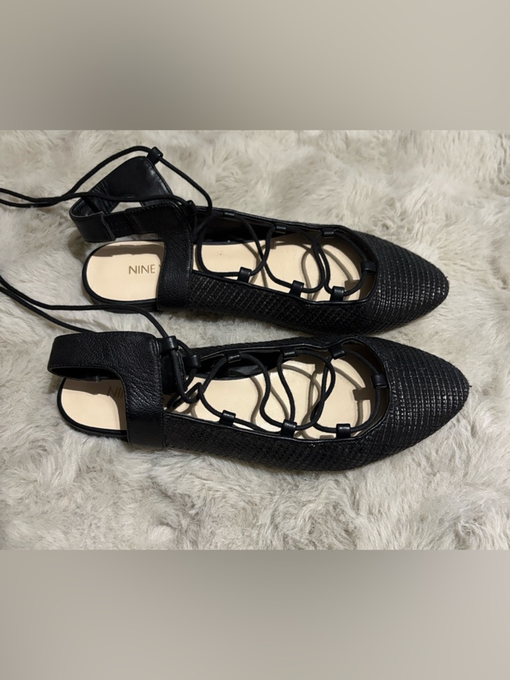 Nine West Black Lace-Up Pointed-Toe Flats
